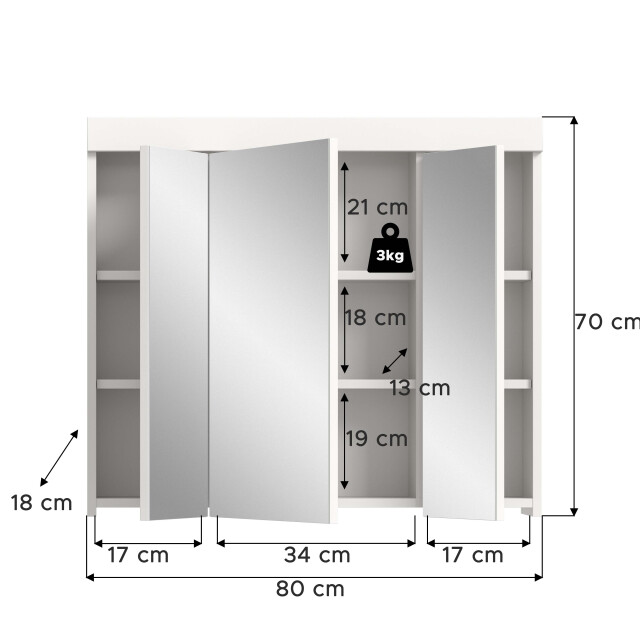 Furnilux Viana spiegelkast badkamer 80 cm met 3 spiegeldeuren, wit 3733147 large