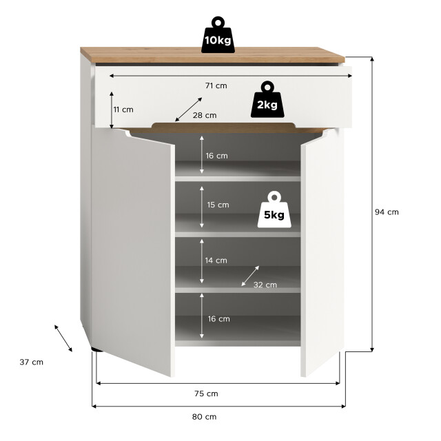 Furnilux Canu schoenenkast wit 80 cm – 2 deuren, lade en 12 schoenparen 3733133 large