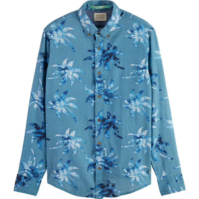 Scotch & Soda Printed linen-viscose blend shirt turquoise wax le 171609-5735 large