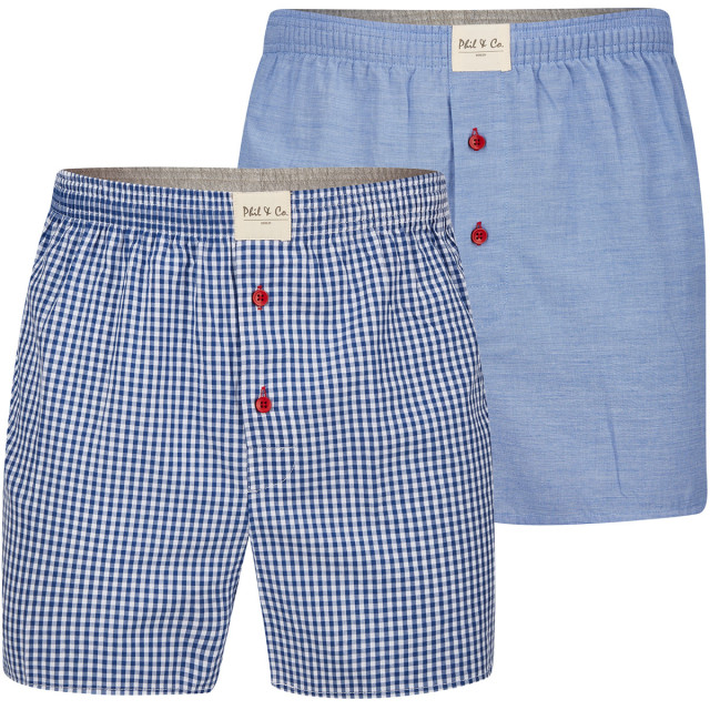 Phil & Co 2-pack wijde boxershorts heren effen blauw / geblokt PH large