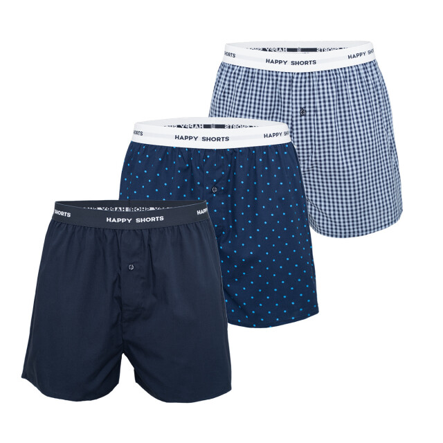 Happy Shorts 3-pack wijde boxershorts heren gestipt geblokt effen blauw HS-340 large