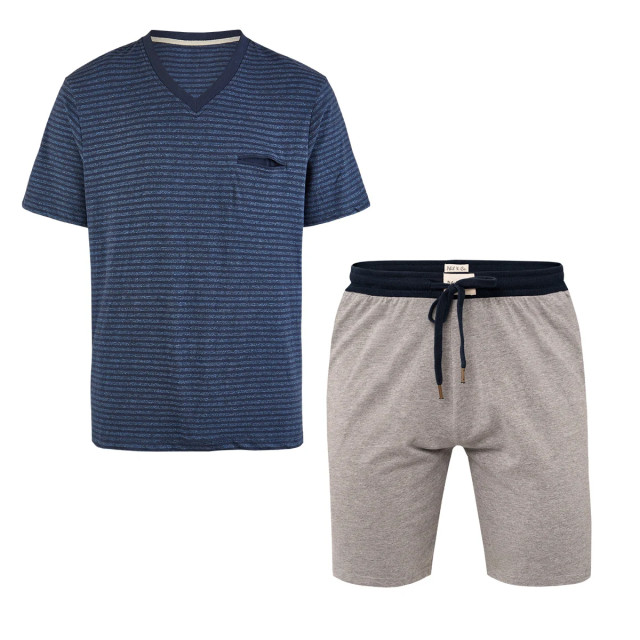 Phil & Co Essential shortama heren korte pyjama katoen blauw / grijs 855-04 large