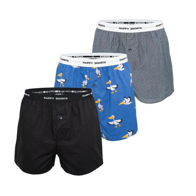 Happy Shorts 3-pack wijde boxershorts heren zwart pelikaan print blauw HS-338 large