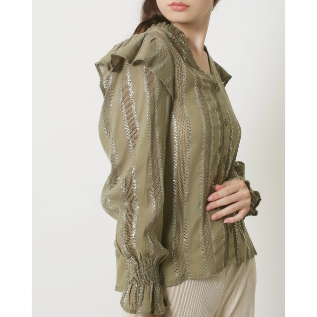 Smashed Lemon 23883 army groene lurex blouse met verticale strepen 23883-550-M large