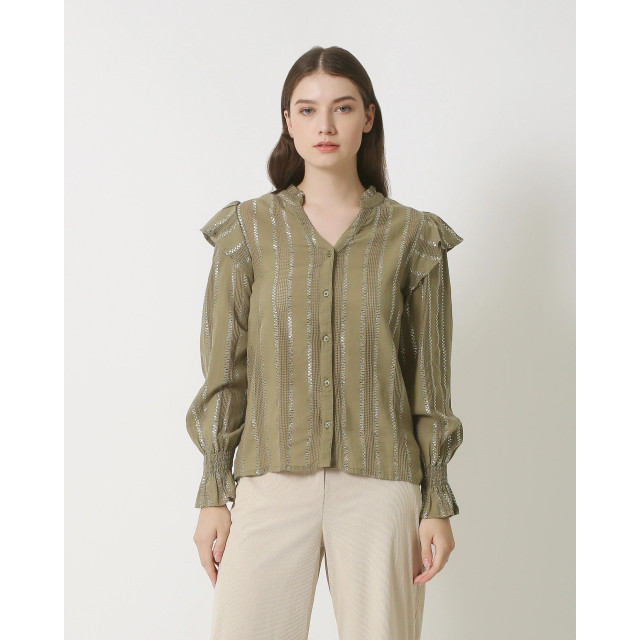 Smashed Lemon 23883 army groene lurex blouse met verticale strepen 23883-550-M large