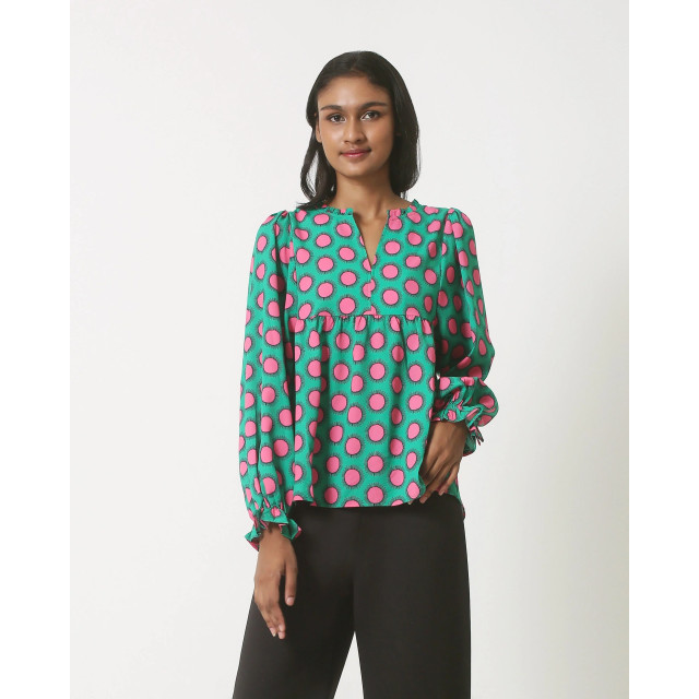 Smashed Lemon 23802 retro print top in groen roze met driekwart mouwen 23802-530-445 large