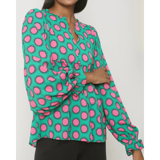 Smashed Lemon 23802 retro print top in groen roze met driekwart mouwen 23802-530-445 large