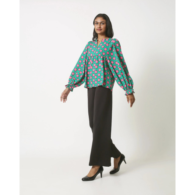 Smashed Lemon 23802 retro print top in groen roze met driekwart mouwen 23802-530-445 large