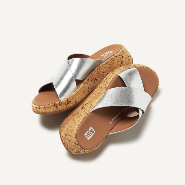 FitFlop F-mode metallic leather/cork flatform cross slides FT8 large