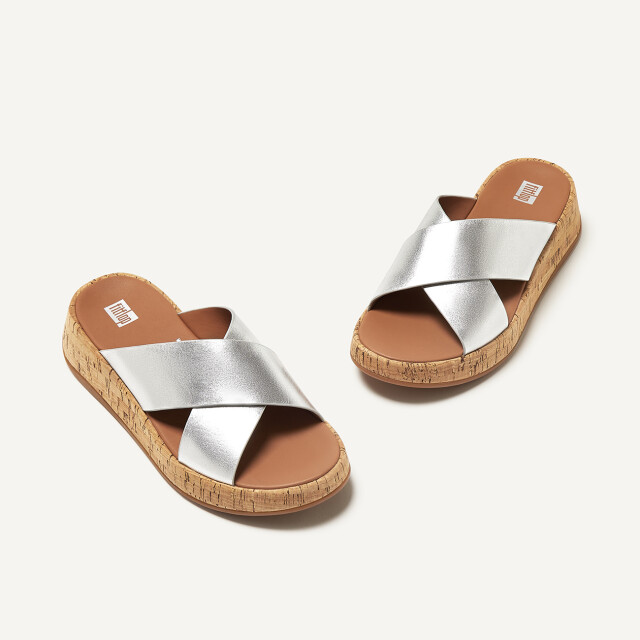 FitFlop F-mode metallic leather/cork flatform cross slides FT8 large