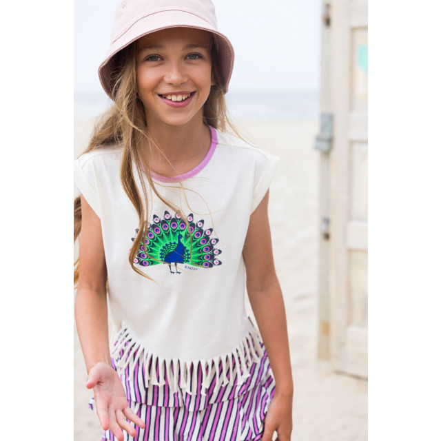 B.Nosy Meisjes t-shirt met pauw print en fraanjes cotton 142501892 large