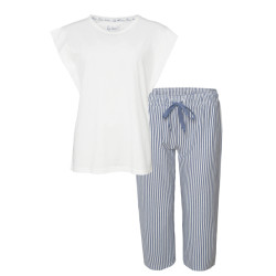 By Louise Dames capri korte pyjama set wit/blauw gestreept