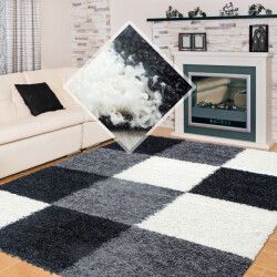 Muratap Basic shaggy geblokt vloerkleed zwart / wit hoogpolig- 80x250 cm