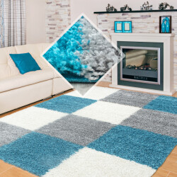Muratap Basic shaggy geblokt vloerkleed turquoise / wit hoogpolig- 80x150