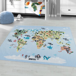 Muratap Play vloerkleed kinderkamer wereldmap laagpolig 80x120 cm