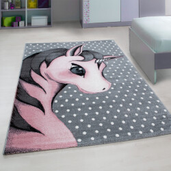Muratap Kids eenhoorn vloerkleed kinderkamer roze / grijs laagpolig- 120x170 cm