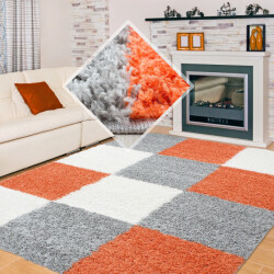 Muratap Basic shaggy geblokt vloerkleed oranje / grijs hoogpolig- 60x110