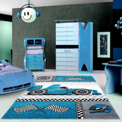 Muratap Kids formule 1 vloerkleed kinderkamer blauw / grijs laagpolig- 120x170 cm