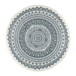 QUVIO Tapijt rond met franjes en mandala opdruk 90 cm gebroken wit/