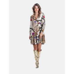 Mucho Gusto Viscose jurk san rafael met beige slangenprint en kunstzinnige gedrukte patches