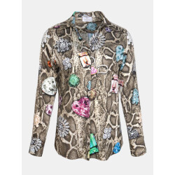 Mucho Gusto Blouse saint-denis in beige slangenprint met kleurrijke broches