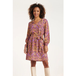 Smashed Lemon 24701 paars en geel v-hals jurk met aztec print