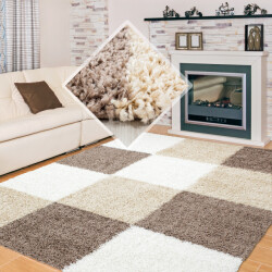Muratap Basic shaggy geblokt vloerkleed / beige hoogpolig 80x150cm- 80x150 cm