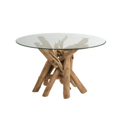 J-Line tafel rond takken hout/glas 128x128x75cm