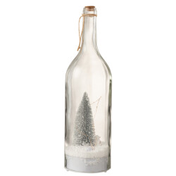 J-Line fles deco kerst sneeuw led glitter zilver 12.5x12.5x44.5cm
