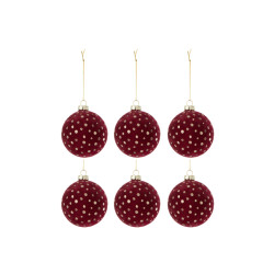 J-Line doos van 6 kerstbal stippen fluweel bordeaux/goud 8x8x8cm