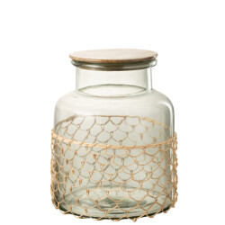 J-Line pot deksel breiwerk glas/hout/jute large 22x22x28cm