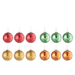 J-Line doos van 12 kerstballen 3+3+3+3 pareltjes glas goud/rood/oranje/groen
