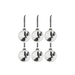 J-Line doos van 6 kerstballen rond gedroogde hazenstaart zwart glas