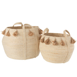 J-Line set van 2 manden bol kwastjes mais licht bruin/ 47x47x45cm
