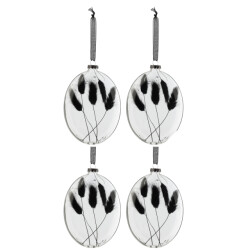 J-Line doos van 4 kerstballen ovaal plat gedroogde hazenstaart zwart glas