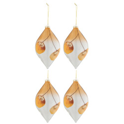 J-Line doos van 4 kerstballen druppel gedroogd blad oker+glitter glas