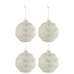 J-Line doos van 4 kerstballen lijnen glitter+parels /zilver glas mat