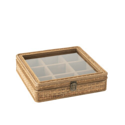 J-Line doos vierkant 9 compartimenten rotan/glas 31x30x8cm