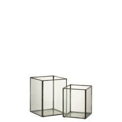 J-Line set van twee kaarshouder vierkant glas/metaal 20x20x25cm