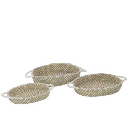 J-Line set van 3 mand ovaal handvatten stro /wit 59x35x9.5cm