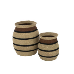 J-Line set van 2 manden rond gestreept marie zeegras bruin zwart 44x44x48cm