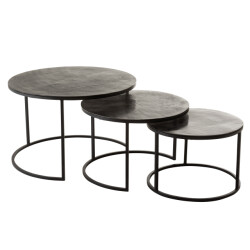 J-Line set 3 bijzettafels rond oxidize aluminium/ijzer antiek /groen -