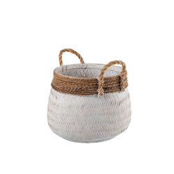 J-Line mand+handvat bol bamboe+touw wit small 49x47x39cm