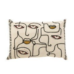 J-Line kussen gezichten katoen creme/bruin/zwart 68x40x12cm