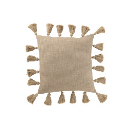 J-Line kussen gewoven kwasten katoen taupe 45x45x15cm