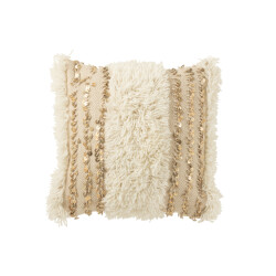 J-Line kussen vierkant lijnen pailetten wol/katoen crème/goud 45x45x12cm