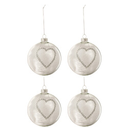 J-Line doos van 4 kerstballen hart strass zilver pluim glas klaar medium -