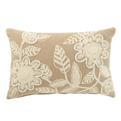 J-Line kussen bloemen borduurwerk katoen greige/creme 50x35x15cm