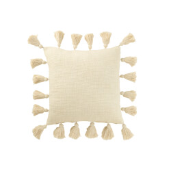 J-Line kussen gewoven kwasten katoen wit 45x45x15cm