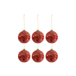 J-Line doos van 6 kerstballen fluweel glas antiek bordeaux/goud small -